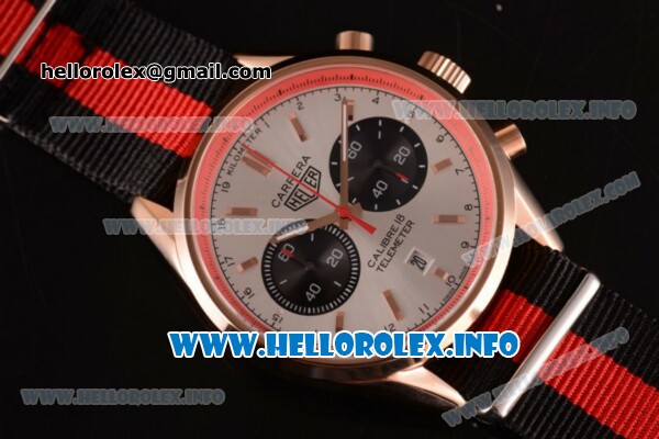 Tag Heuer Carrera Calibre 18 Miyota Quartz Rose Gold Case with White Dial Stick Markers and Red/Black Nylon Strap - Click Image to Close